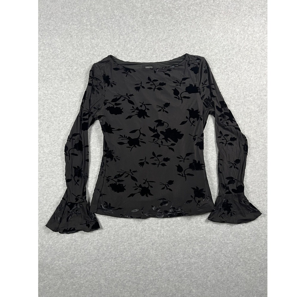 Y2K Whimsigoth Womens Top L Black Velvet Burnout Bell Sleeve Floral Goth Fairy
